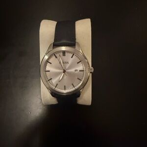 Fossil Silver Dial Watch with Black Leather Strap